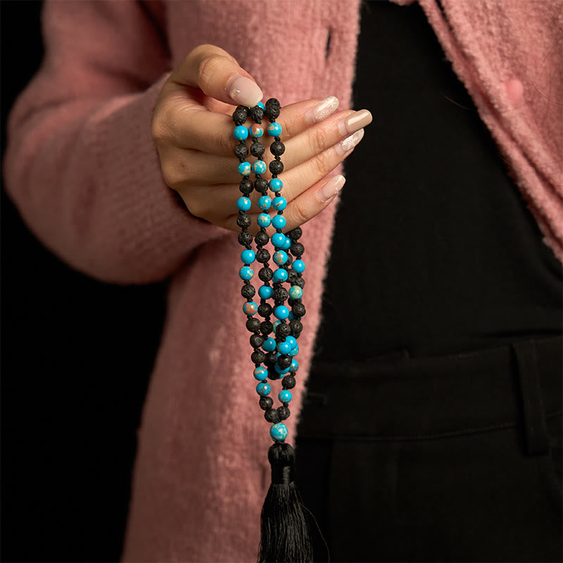 Kette Lavagestein Buddha Türkis Schwarz Quaste