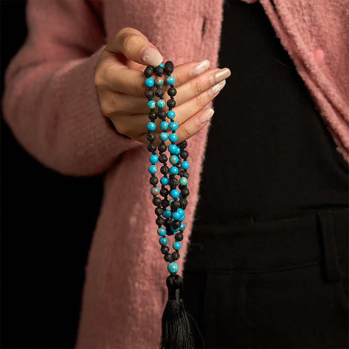 Kette Lavagestein Buddha Türkis Schwarz Quaste