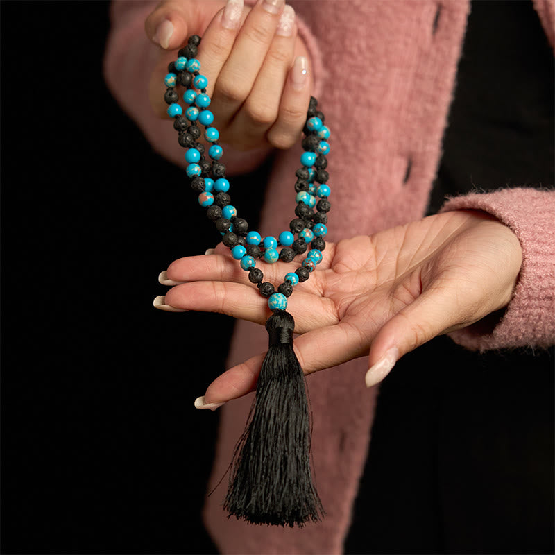 Kette Lavagestein Buddha Türkis Schwarz Quaste