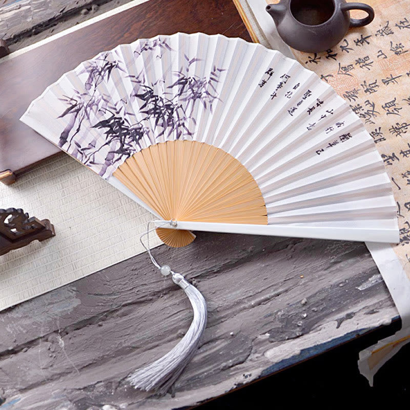 Chinesischer Handfächer Tuschmalerei Lotus Bambus