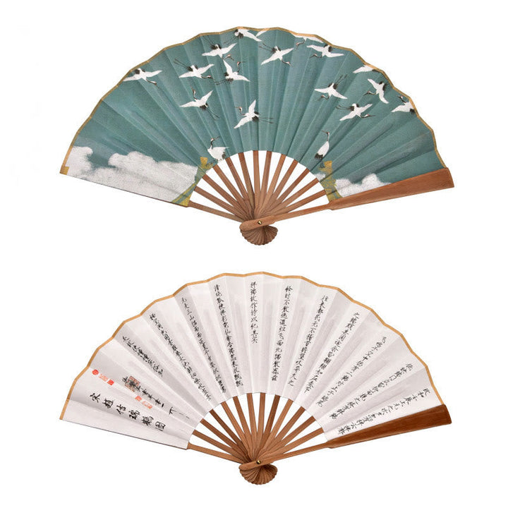 Japanischer Fächer Kranich Wolken Bambus Brauner Kranich Gedicht 33cm
