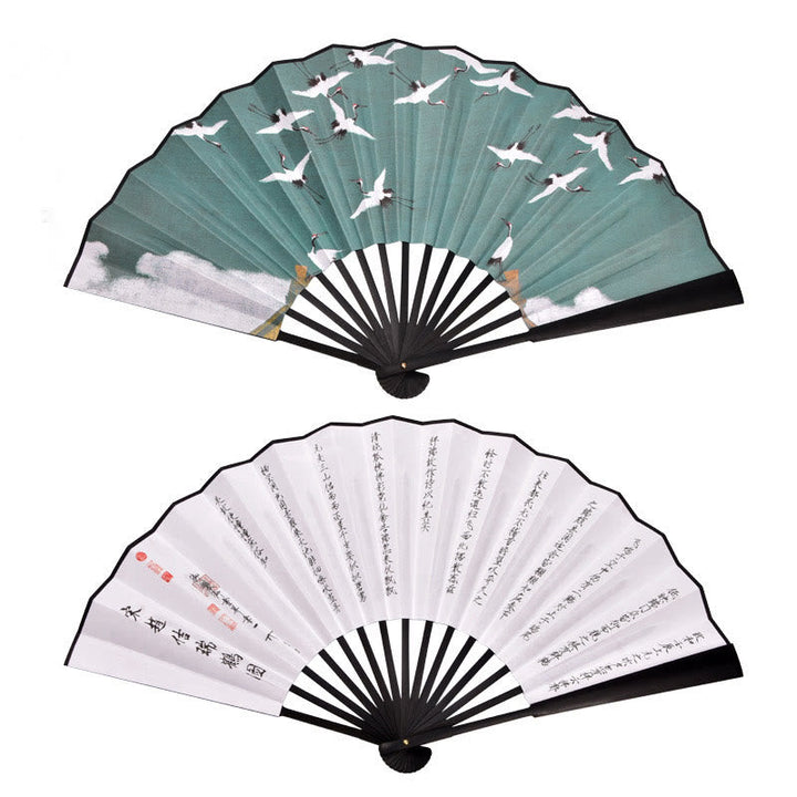 Japanischer Fächer Kranich Wolken Bambus Schwarzer Kranich Gedicht 26,5cm