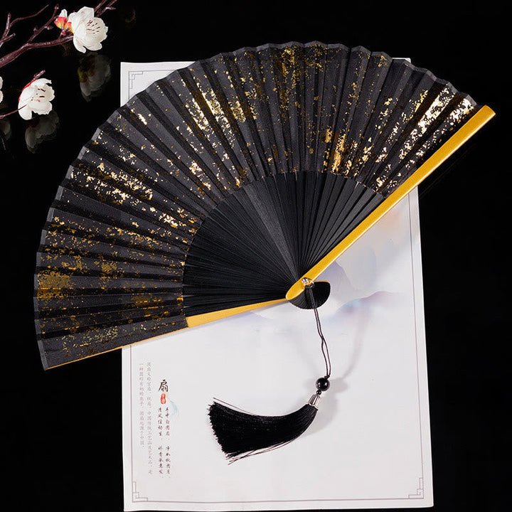 Japanischer Fächer Kranich Wolken Bambus Schwarz Gold