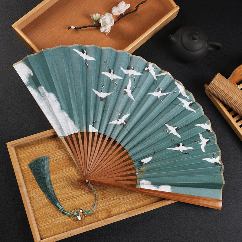 Japanischer Fächer Kranich Wolken Bambus Brauner Kranich 30cm