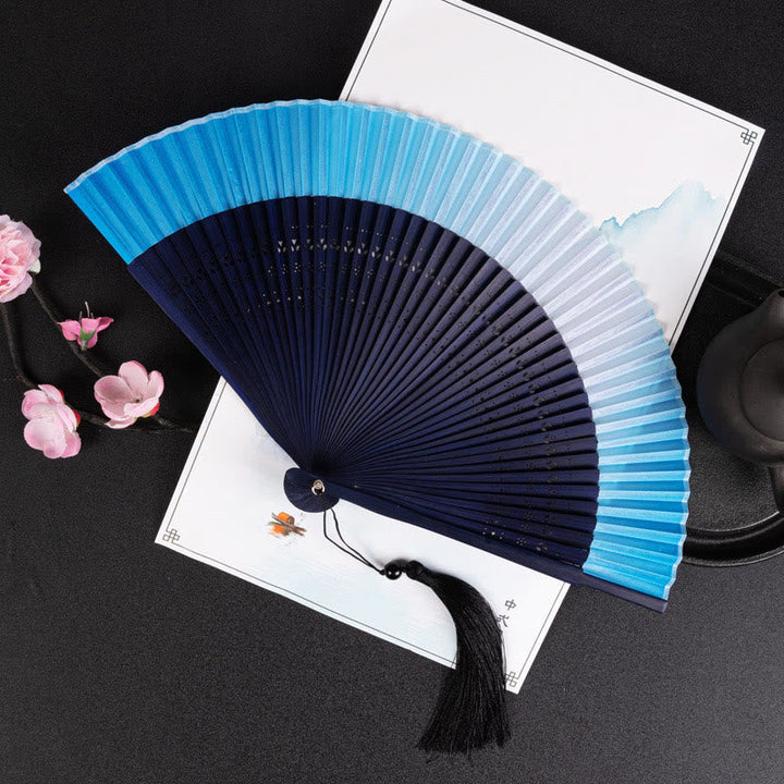 Japanischer Fächer Kranich Wolken Bambus Blauer Farbverlauf