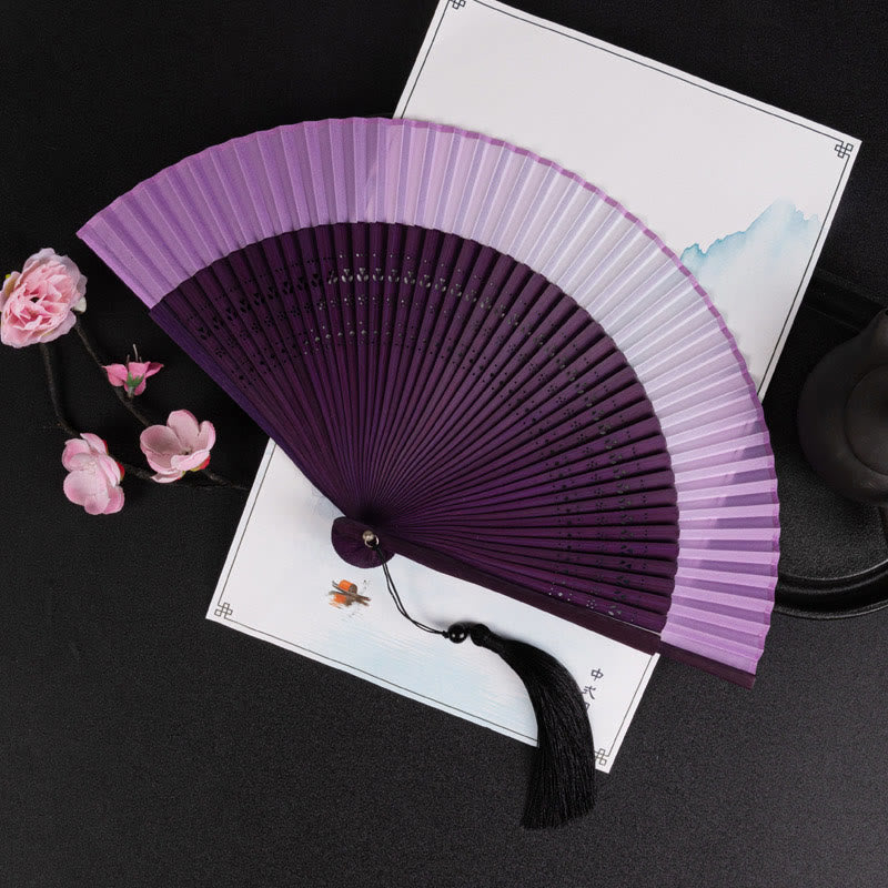 Japanischer Fächer Kranich Wolken Bambus Violetter Farbverlauf