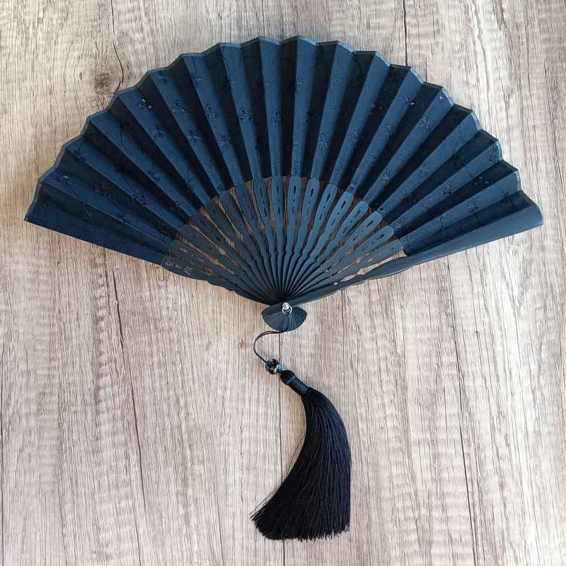 Faltfächer Blütenstickerei Baumwolle Durchbrochen Schwarz (Blume, schwarze Streben)