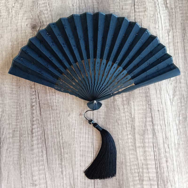 Faltfächer Blütenstickerei Baumwolle Durchbrochen Schwarz (Blume, schwarze Streben)