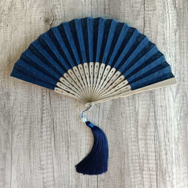 Faltfächer Blütenstickerei Baumwolle Durchbrochen Schwarz (Blume, braune Streben)