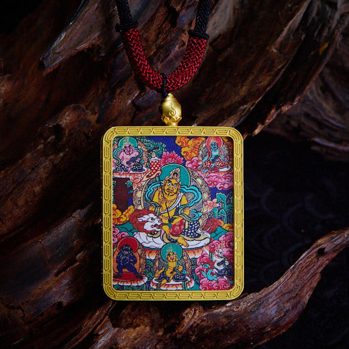 Rote Tibet Kette buddhischer Anhänger Goldrahmen bunte Emaille Szenen