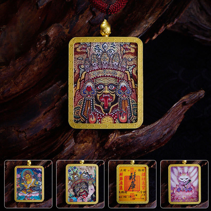 Bunte Tibetische Amulett Kette mit goldenem Rahmen spiritueller Anhänger