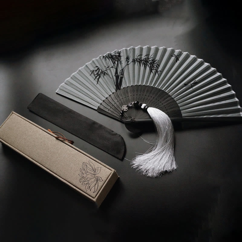 Handfächer Bambus Tusche Polyester Ink Bamboo 21cm-With Tassel&Brocade Box&Fan Cover (Pre-Sale)