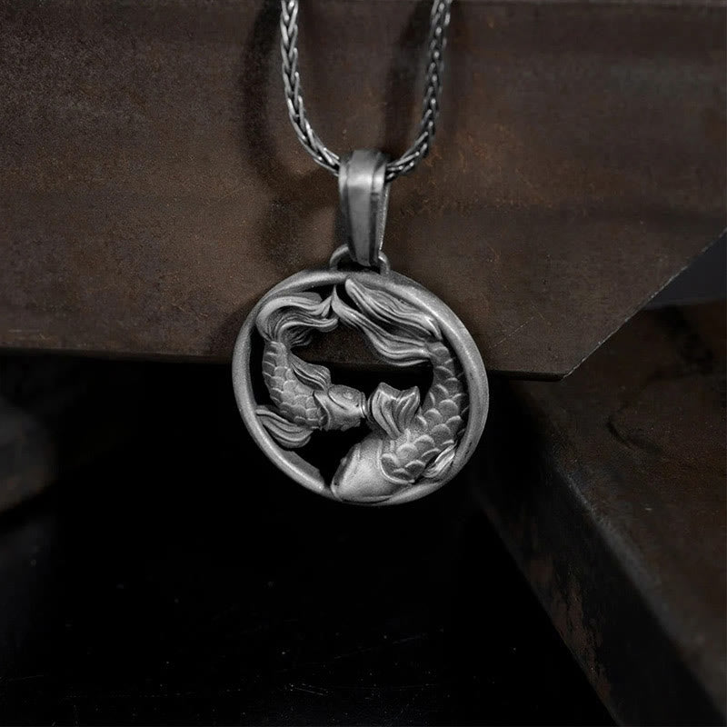 Silberne Zinn Kette mit Koi-Fische Anhänger Medallion Wohlstand