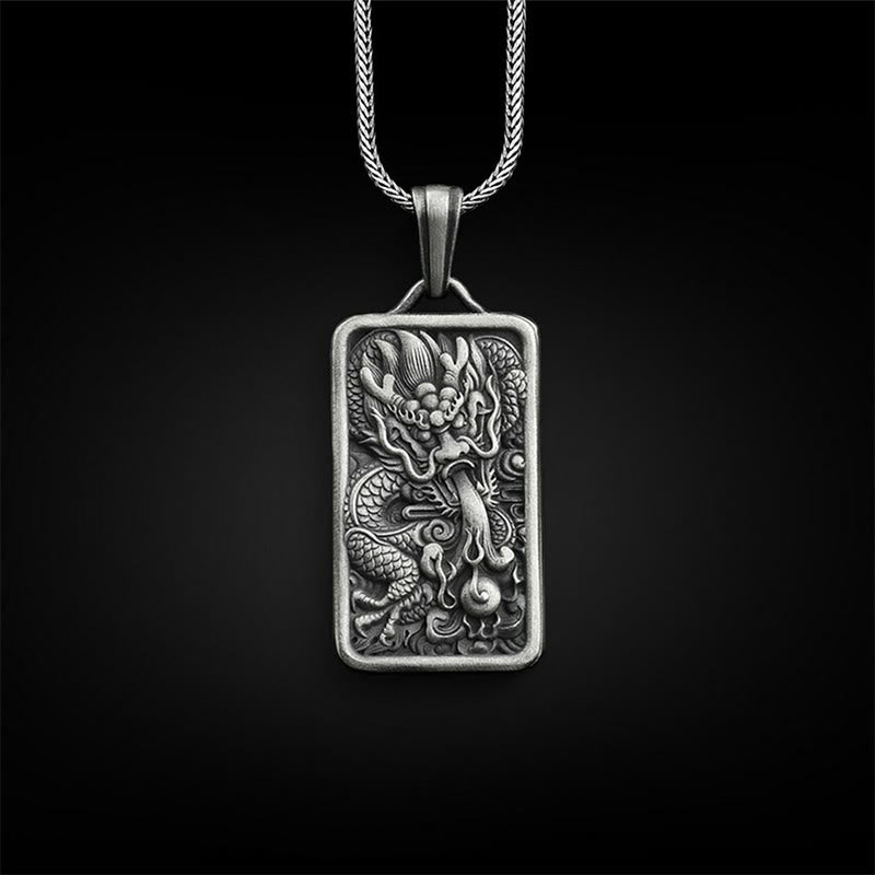 Silberner Drachen Anhänger Kette rechteckig Metall graviert Schutz Schmuck