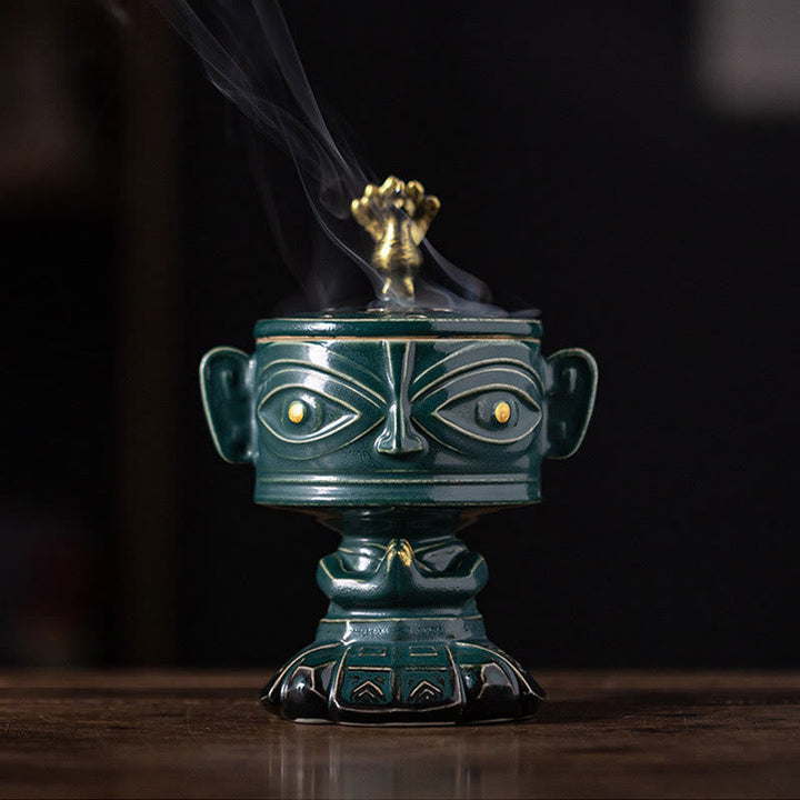 Räucherschale Sanxingdui Maske Keramik Grün Sanxingdui