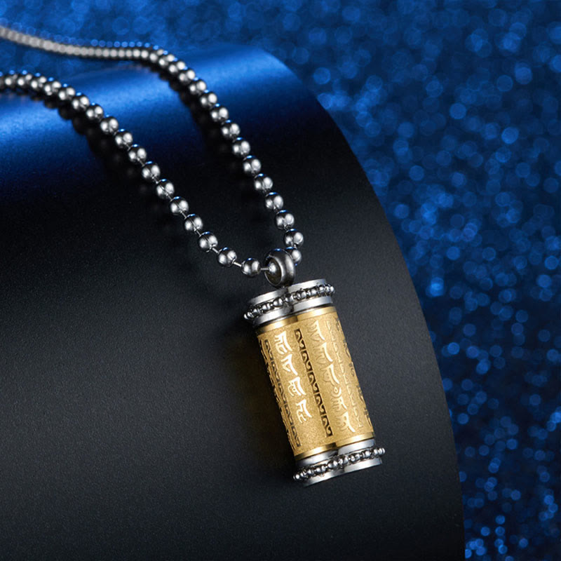 Titanstahl Kette mit goldenem Gebetsrad Anhänger Schriften Balance