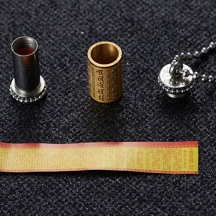 Titanstahl Gebetsrad Anhänger mit Mantra Schriften und Spacer Beads