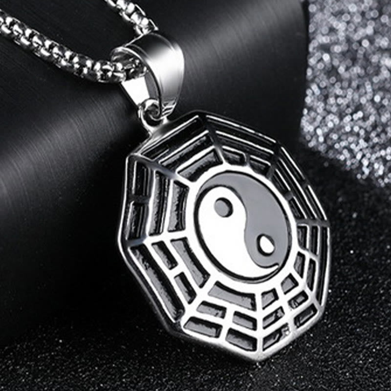 Titanstahl Kette Yin Yang Bagua Anhänger Schwarz Silber