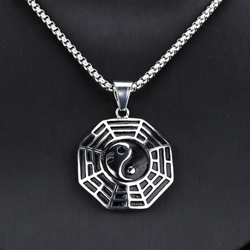 Titanstahl Kette Bagua Yin Yang Anhänger Balance Silber
