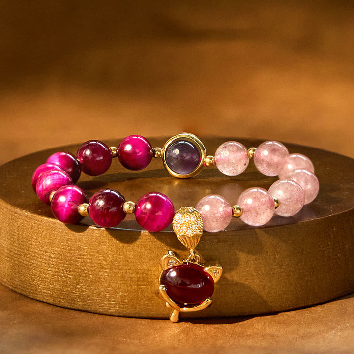 Armband Erdbeerquarz Pixiu Liebe Rosa Granat Goldene Perlen Charm