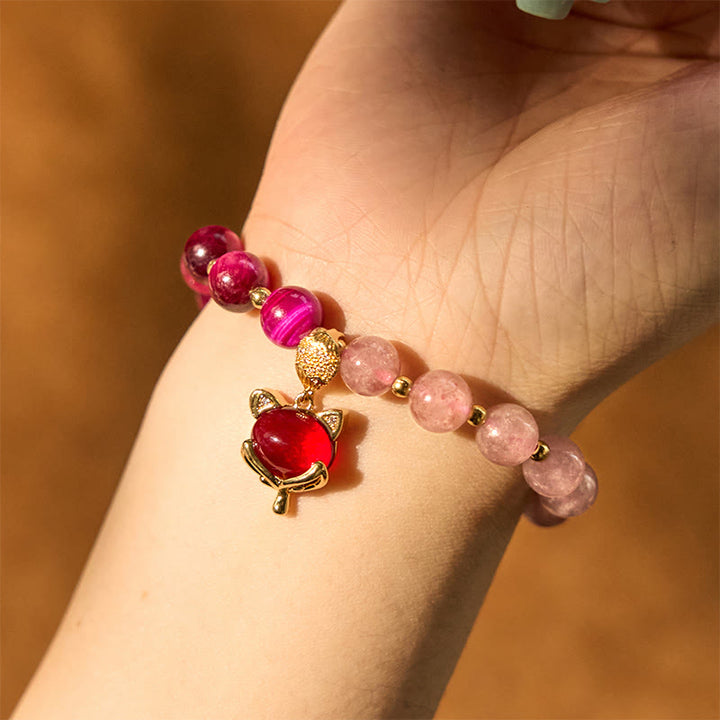 Armband Erdbeerquarz Pixiu Liebe Rot Gold Perlen Handgelenk