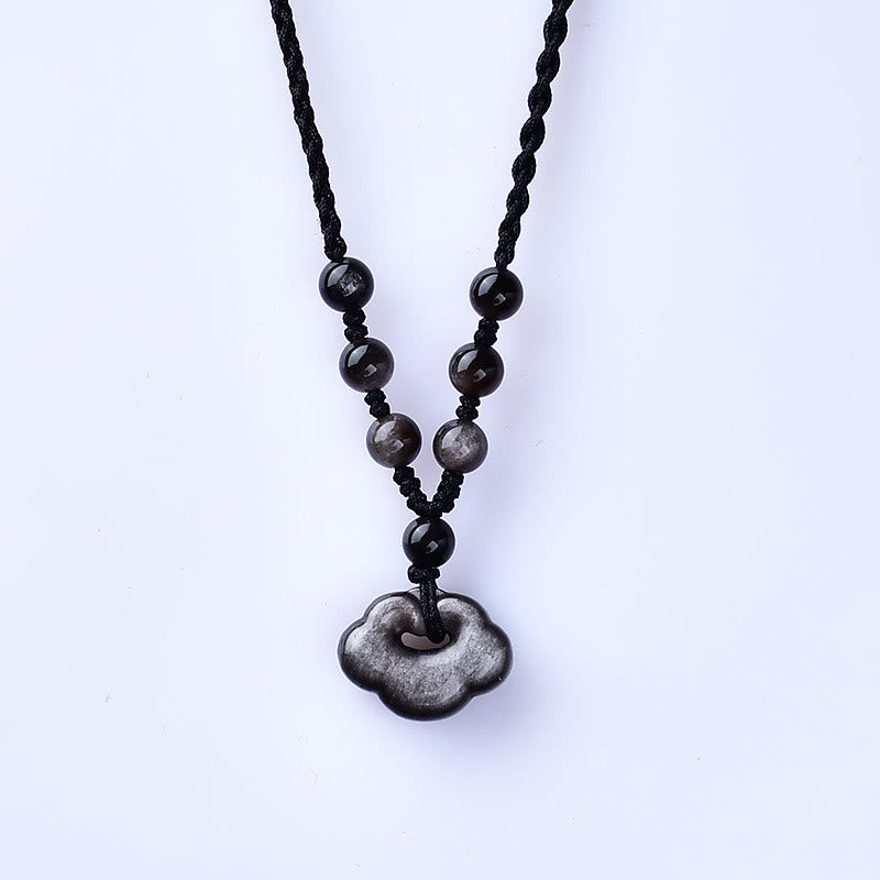Schwarze Obsidian Kette mit Glückswolken Anhänger Naturstein