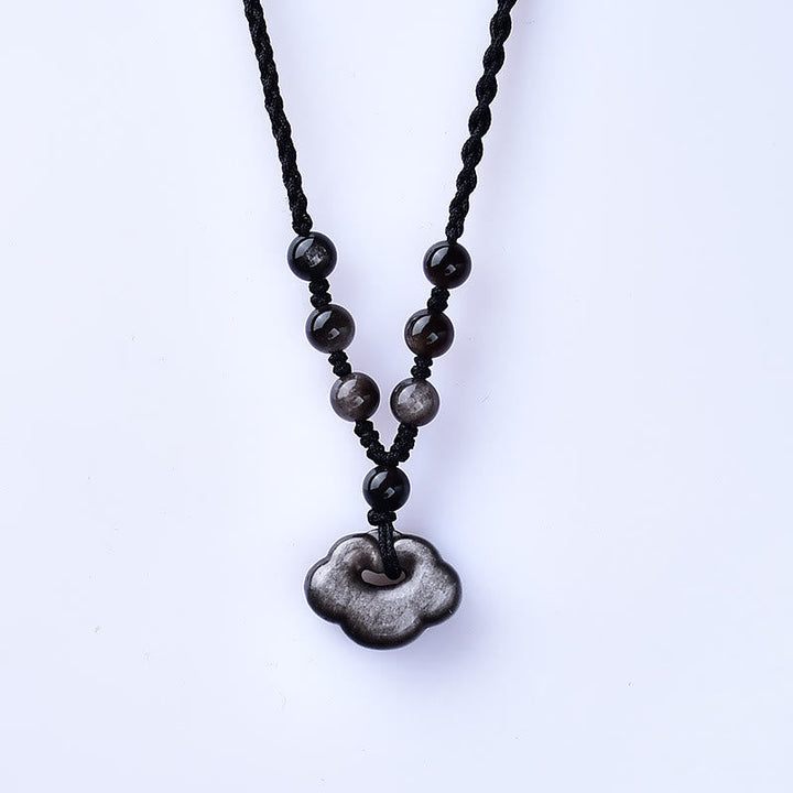 Schwarze Obsidian Kette mit Glückswolken Anhänger Naturstein