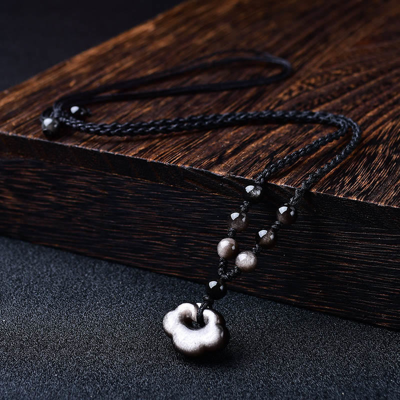 Schwarze Obsidian Kette mit silbernem Anhänger Glückswolken Schutz Naturstein