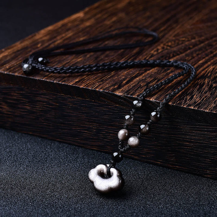 Schwarze Obsidian Kette mit silbernem Anhänger Glückswolken Schutz Naturstein