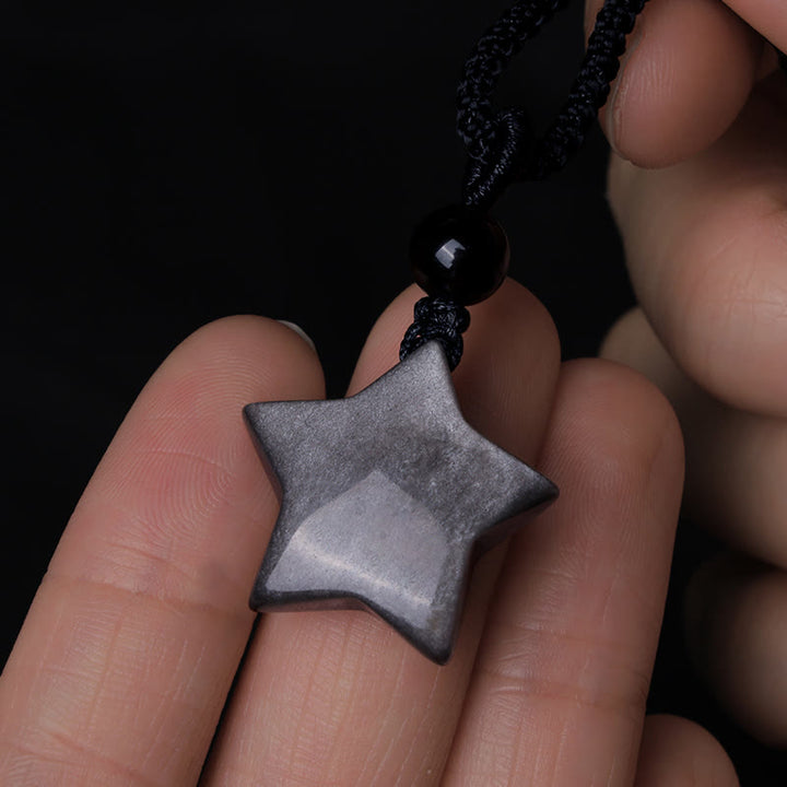 Obsidian Silberglanz Stern Anhänger Kette Naturstein