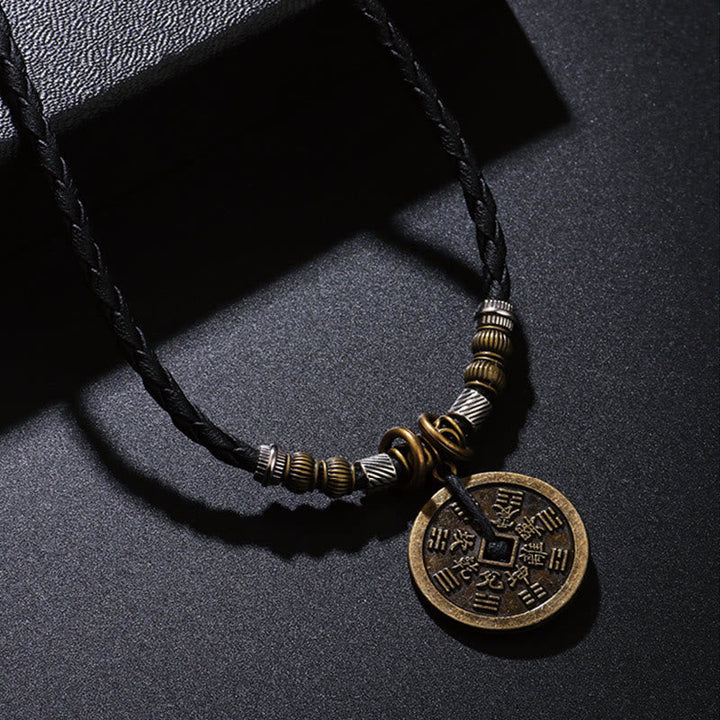 Schwarze Lederkette Bagua Kupfermünze Anhänger mit Metallperlen