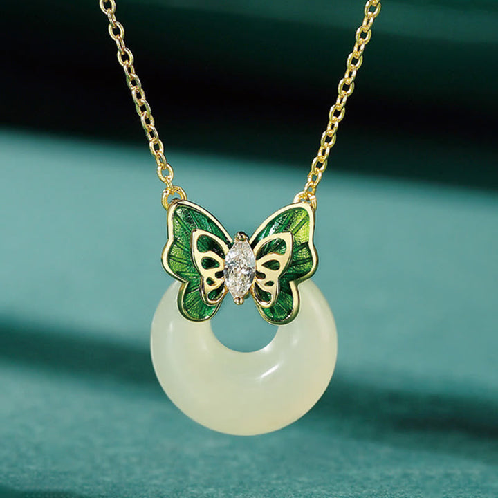 Hetian Jade Kette Schmetterling Anhänger grün Zirkon Naturstein Glück