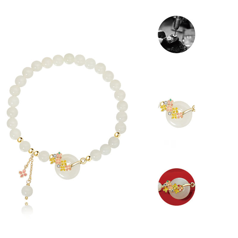 Weiße Jade Kette mit Osmanthusblüte Zirkon Anhänger Glück