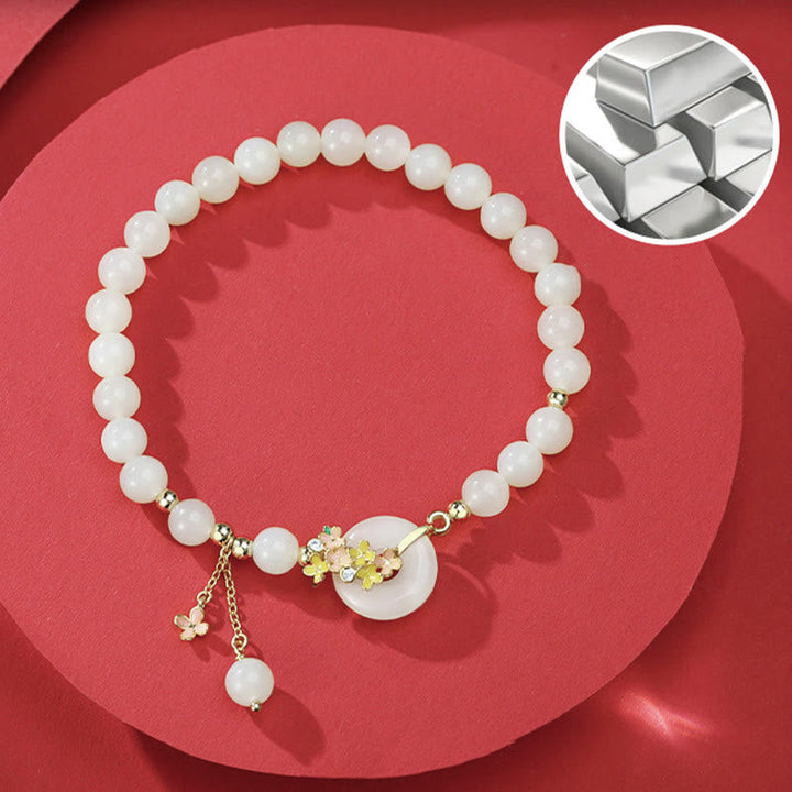 Hetian Jade Armband weiß mit Osmanthusblüte Anhänger Glück