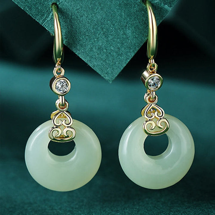 Hetian Jade Donut Ohrringe grün Gold Zirkon elegant