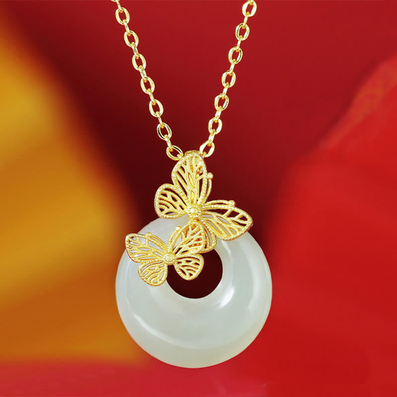 Hetian Jade Kette Schmetterling Zirkon Anhänger Gold Wohlstand