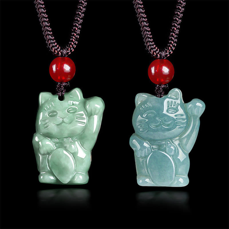 Glückskatze Anhänger Jade-Kette rote Perle grüner blauer Naturstein