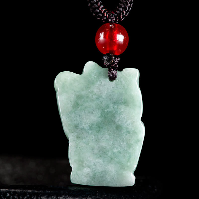 Jade Glückskatze Anhänger grüner Naturstein mit roten Perlen Kette