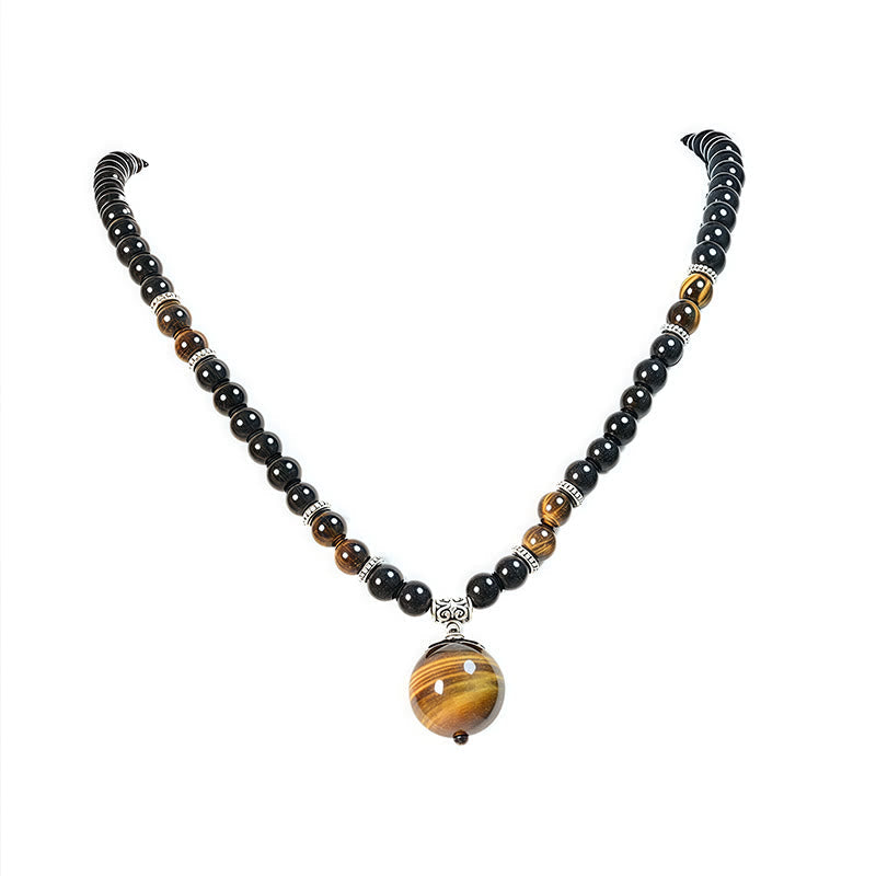 Obsidian Tigerauge Anhänger Kette schwarze Naturstein Perlen Stärke