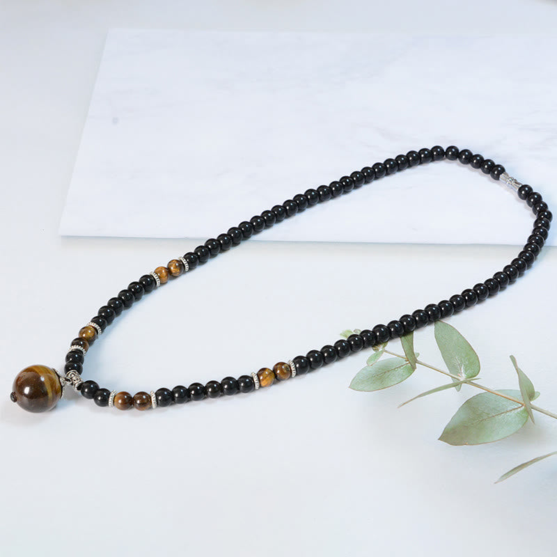 Obsidian Tigerauge Anhänger Kette schwarze Perlen Naturstein Stärke