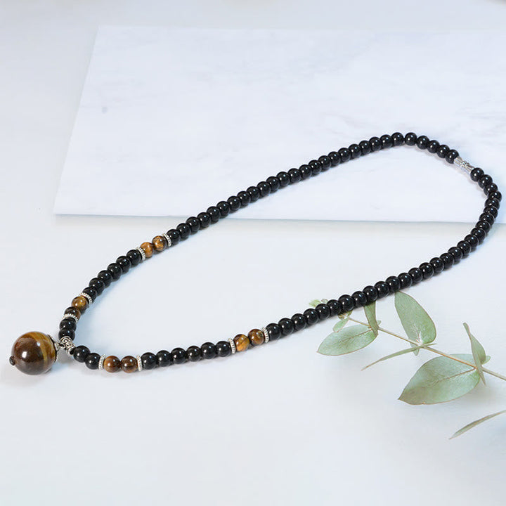 Obsidian Tigerauge Anhänger Kette schwarze Perlen Naturstein Stärke