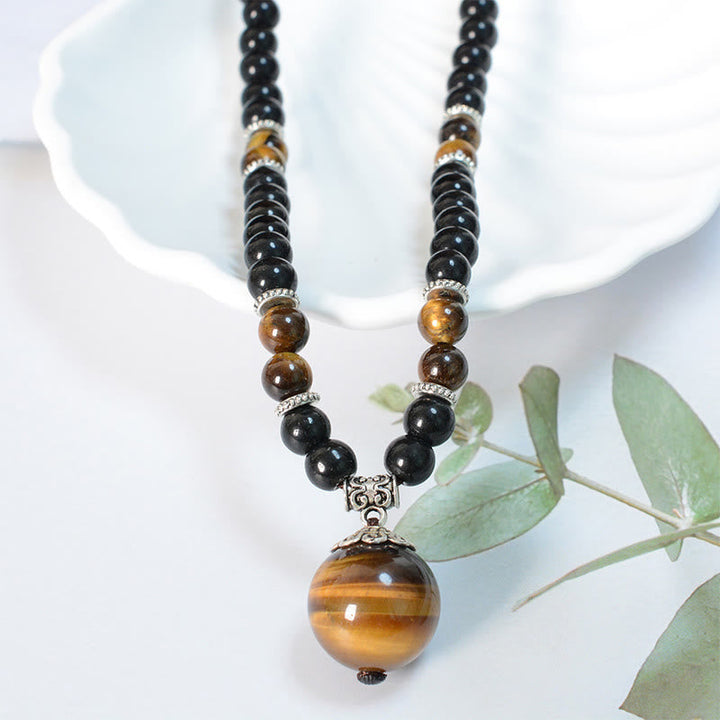 Tigerauge Anhänger Kette mit schwarzen Perlen Naturstein Schmuck
