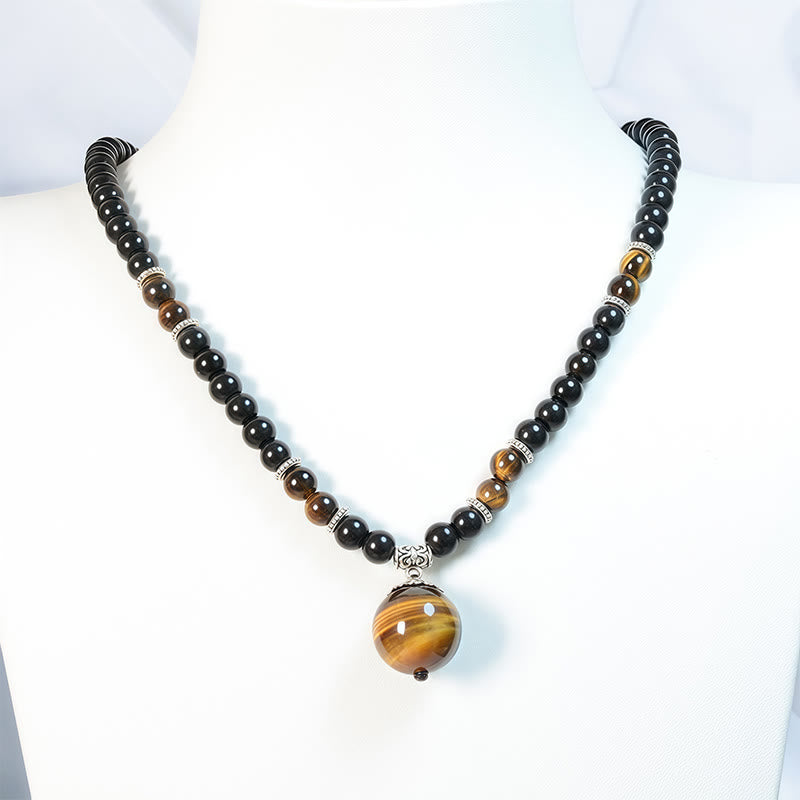 Obsidian Tigerauge Anhänger Kette mit schwarzen Perlen – Stärke