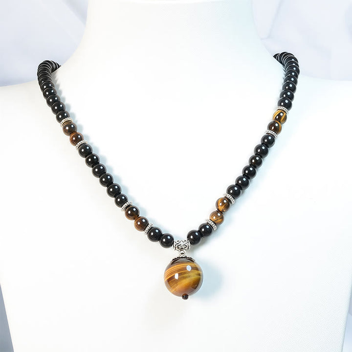 Obsidian Tigerauge Anhänger Kette mit schwarzen Perlen – Stärke