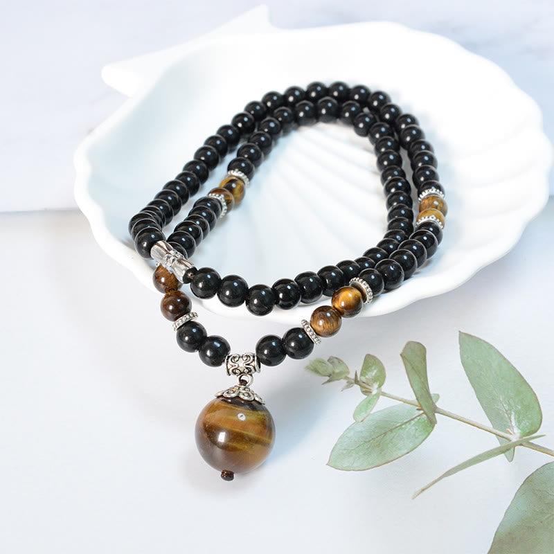 Obsidian Kette mit Tigerauge Anhänger schwarzer Naturstein Stärke