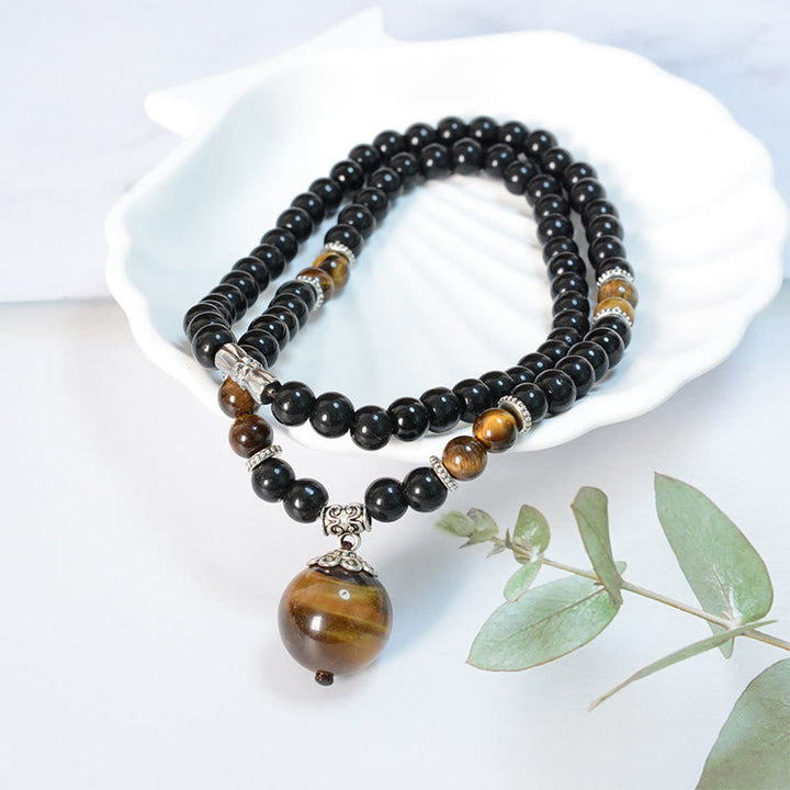 Obsidian Kette mit Tigerauge Anhänger schwarzer Naturstein Stärke