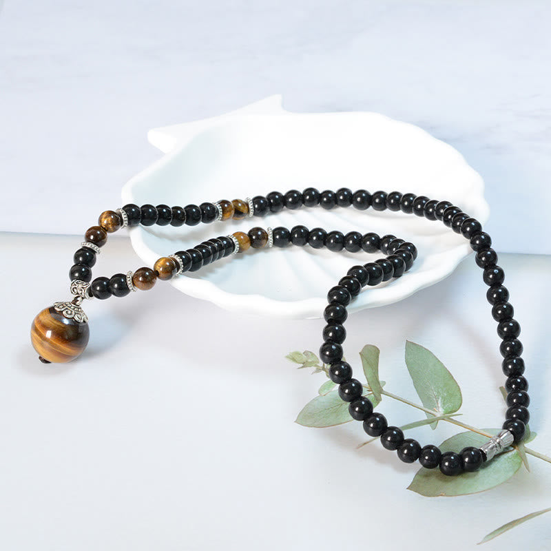 Schwarze Obsidian Tigerauge Kette mit Anhänger Naturstein Energie