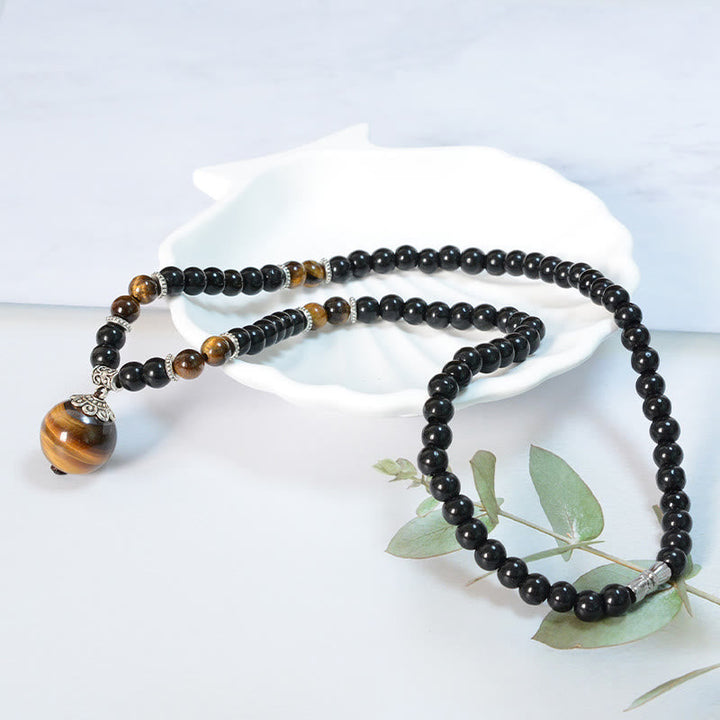 Schwarze Obsidian Tigerauge Kette mit Anhänger Naturstein Energie