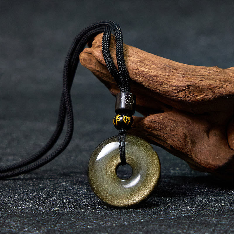 Schwarze Obsidian Buddha Kette mit grünem Jade Anhänger Glück