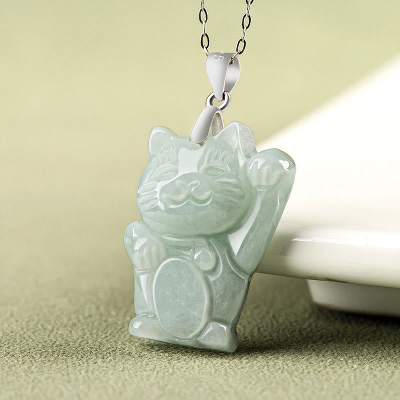 Jade Glückskatze Kette Titanium grün Anhänger Glück Naturstein elegant